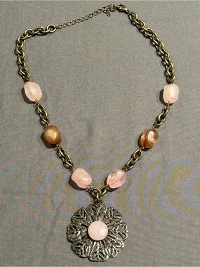 Bohemian Brass Tone Necklace with Pink and Brown Stone Details